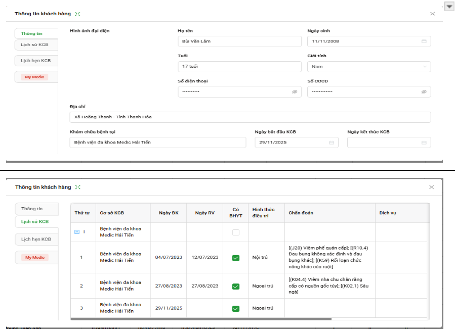 Hồ sơ khách hàng 360 độ trên Meditech giúp nhân viên y tế nắm bắt toàn bộ lịch sử tương tác, từ đó đưa ra phương án tư vấn chính xác nhất.