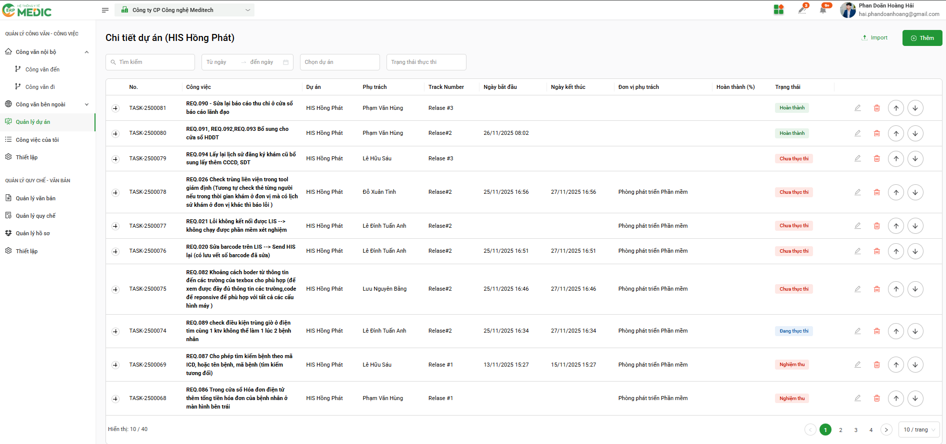 Môi trường làm việc cộng tác trên Meditech cho phép trao đổi, gửi tài liệu đính kèm và báo cáo tiến độ ngay trong từng đầu việc