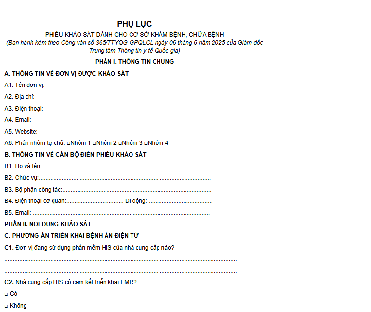 Phiếu khảo sát kèm theo Công văn 365 là công cụ tự đánh giá quan trọng giúp bệnh viện định vị năng lực công nghệ hiện tại.